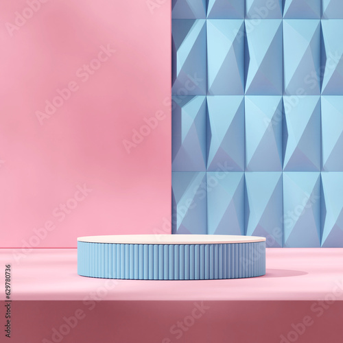 3d image render empty scene white top blue podium in square pink color wall and abstract decor