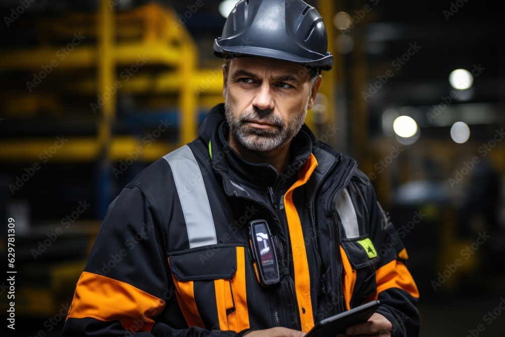 Fototapeta premium Professional heavy industry engineer/worker wearing safety gear and helmet using a tablet computer. Seriously accomplished industry professionals walking in a metallurgical warehouse.