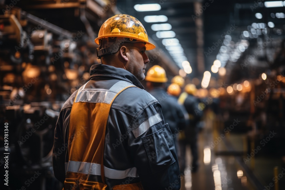 Professional heavy industry engineer/worker wearing safety gear and helmet using a tablet computer. Seriously accomplished industry professionals walking in a metallurgical warehouse.