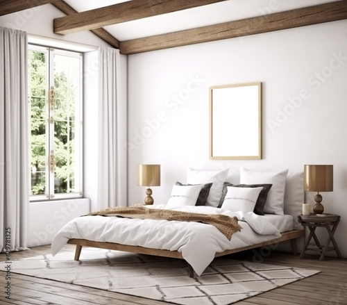 Frame mockup with Coastal boho style bedroom, 3D render. Created with Generative AI technology