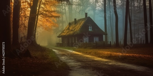 Wooden hut in the autumn forest at dawn near the road. AI generation 