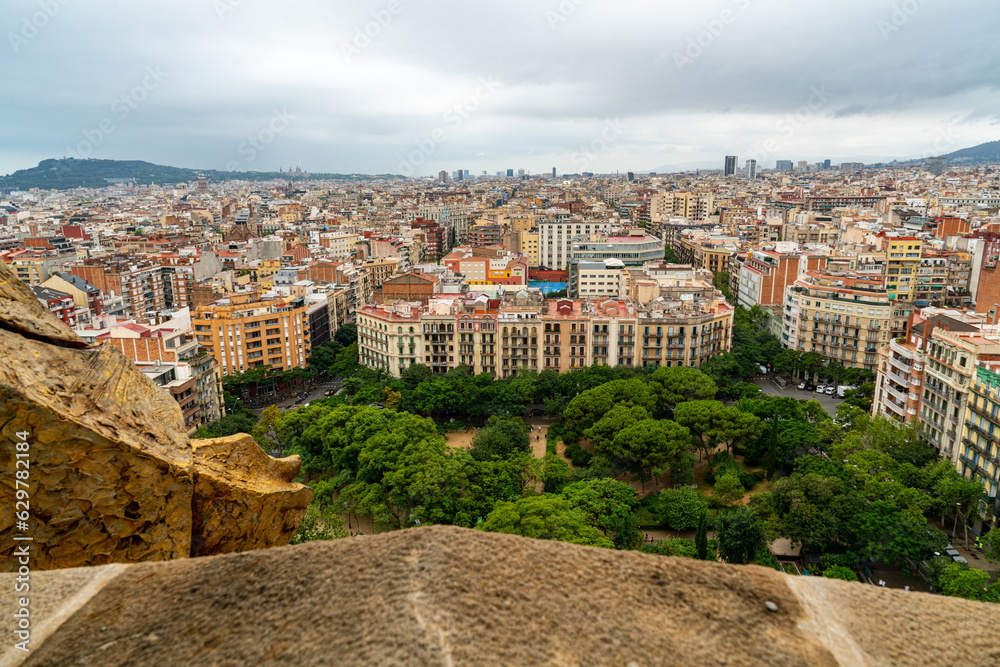 View of the city of Barcelona from the La Sagrada tower on a gloomy day