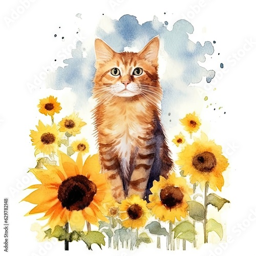 Watercolor illustration of a cat surrounded by vibrant sunflowers in a picturesque field