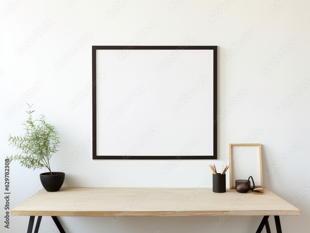 Wooden Photo frame mock-up in modern living room interior AI Generative
