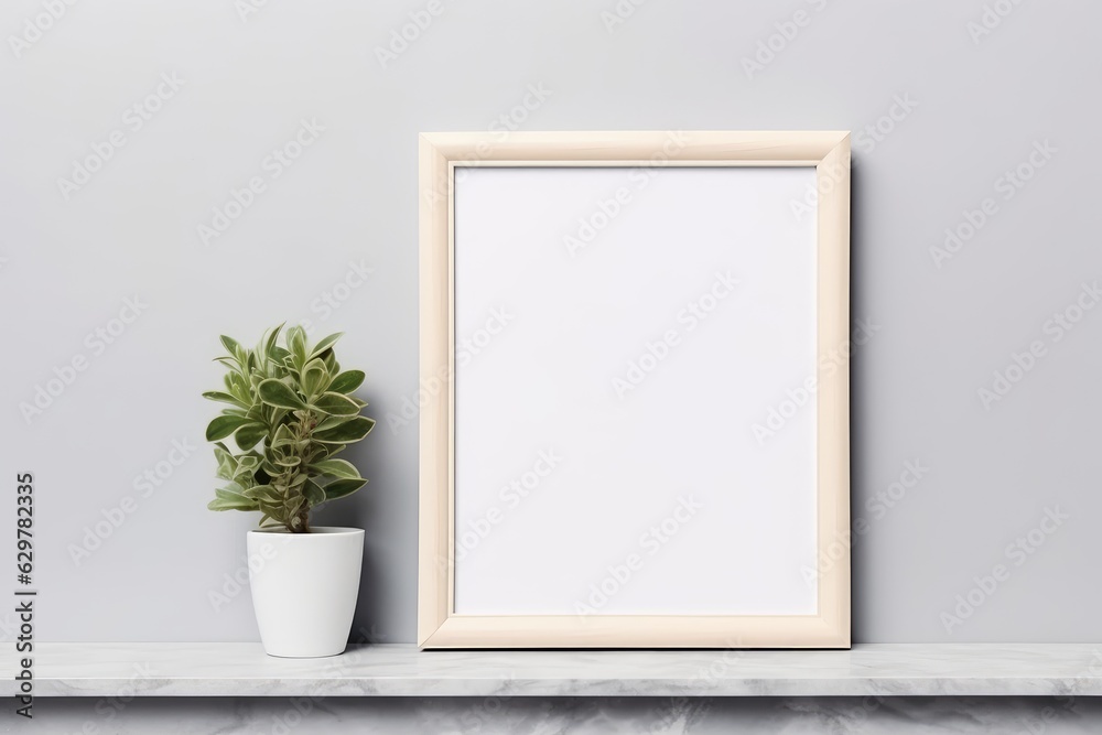 Wooden Photo frame mock-up in modern living room interior AI Generative