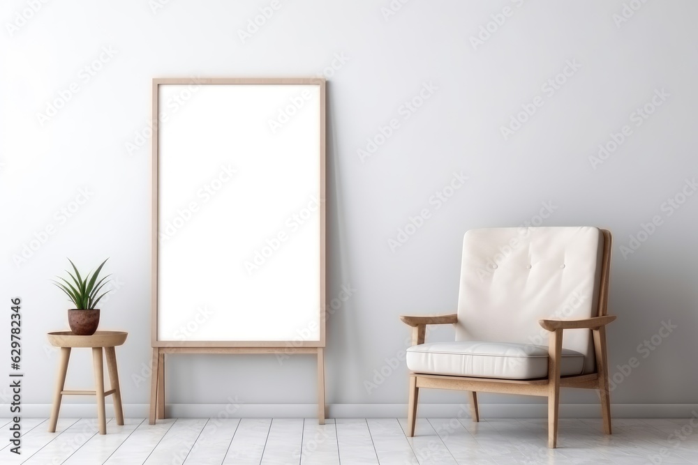 Wooden Photo frame mock-up in modern living room interior AI Generative Wooden Photo frame mock-up in modern living room interior AI Generative