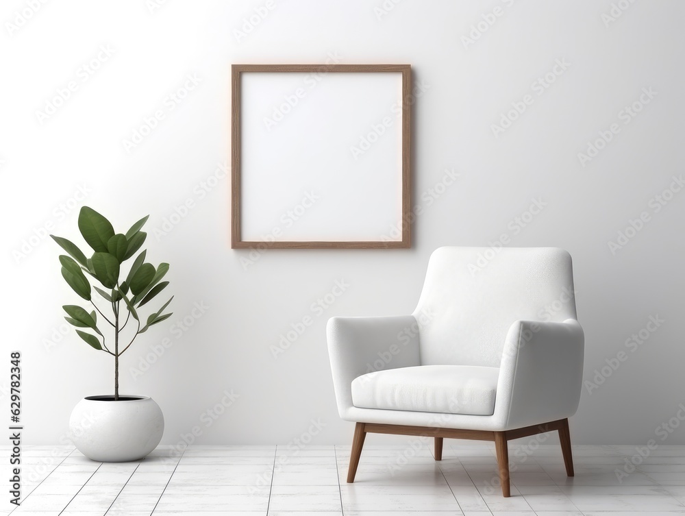 Wooden Photo frame mock-up in modern living room interior AI Generative