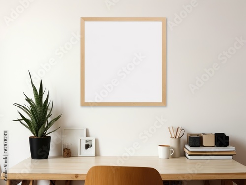Wooden Photo frame mock-up in modern living room interior AI Generative © Annulus Studio