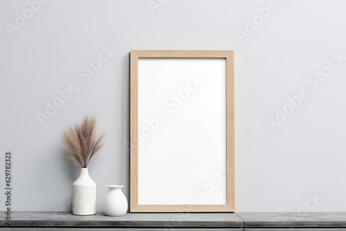 Wooden Photo frame mock-up in modern living room interior AI Generative
