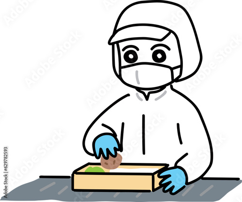 お弁当の盛り付けをしている白衣のスタッフ