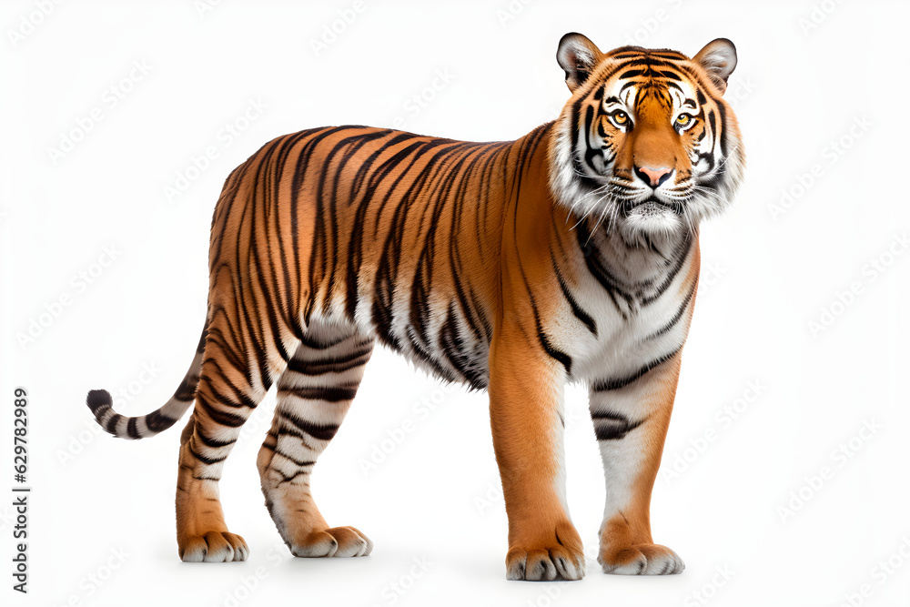 Tiger isolated on white background. Animal right side portrait.