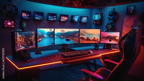 High angle shot gaming desk set up 