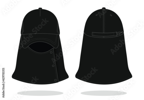 Black sun hat with protects face-neck template on white background.Front and back view, vector fi