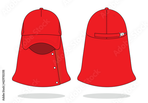 Red sun hat with protects face-neck template on white background.Front and back view, vector fi