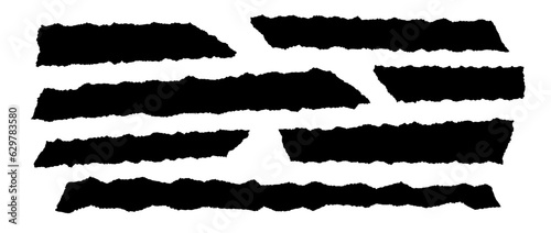 Torn thin and long pieces of paper. Black cutout material strip with jagged edges. Ripped horizontal fragments collection. Textured grunge element bundle for collage, text box, banner, sticker. Vector