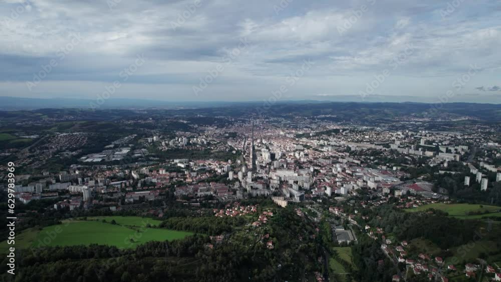 Drone shot overview of Saint Etienne from le parc du Pilat, Loire, Rhone Alpes, France Drone shot overview of Saint Etienne from le parc du Pilat, Loire, Rhone Alpes, France