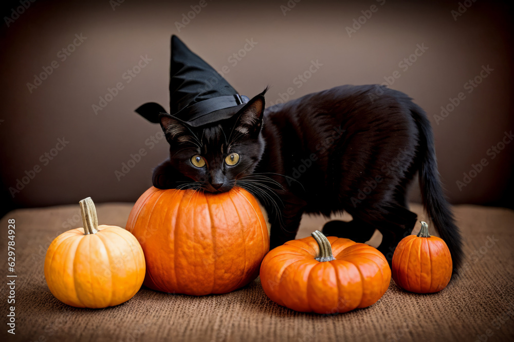 A black kitten in a witch's hat stands in pumpkins. Background, postcard, Halloween theme. AI generation. A black kitten in a witch's hat stands in pumpkins. Background, postcard, Halloween theme. AI generation.