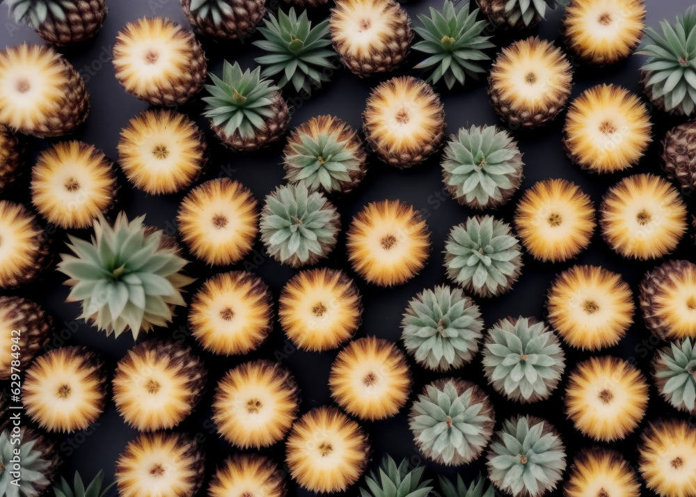 Lots of pineapples top view. Whole and chopped pineapples. Background, banner with pineapples. AI generation. Lots of pineapples top view. Whole and chopped pineapples. Background, banner with pineapples. AI generation.
