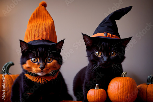 Black kittens in hats with pumpkins. Background, postcard, advertising for Halloween. AI generation. © Michel F
