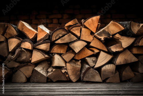 Fotografija Stacked chopped firewood on the desk, brick wall on background