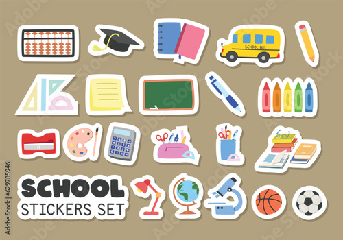 School supplies stickers vector set. Soroban, notebooks, sticky note, pencil case, textbooks, chalkboard flat vector illustration cartoon style clipart. Students, classroom, back to school concept