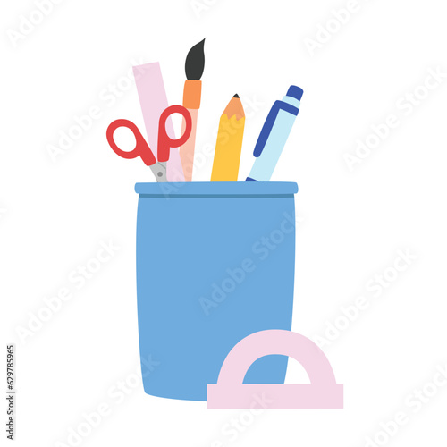 Pencil pot clipart. Simple blue pencil pot or pencil holder with different school supplies flat vector illustration clipart cartoon style, hand drawn. Students, classroom, back to school concept