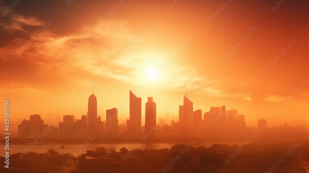 city skyline during a heatwave, with heat haze visible generative ai