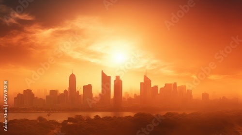city skyline during a heatwave  with heat haze visible generative ai