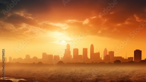 city skyline during a heatwave, with heat haze visible generative ai © ThisDesign