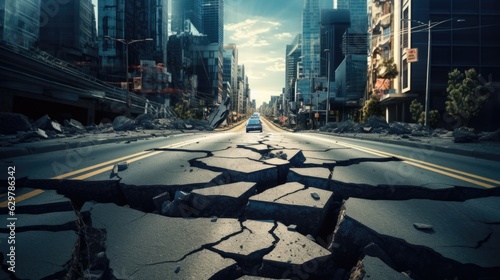 Fotografia, Obraz city street cracked and damaged after an earthquake generative ai