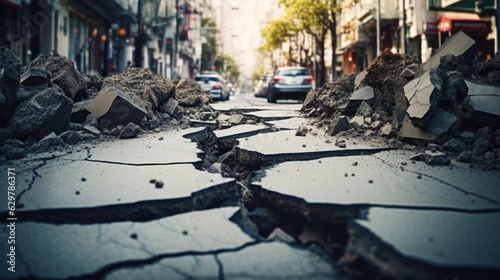 Foto city street cracked and damaged after an earthquake generative ai