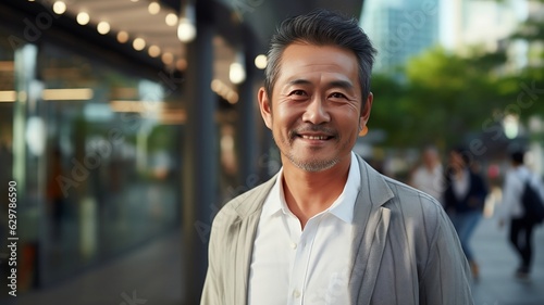 A portrait of a middle-aged Asian man standing in classy jacket and white shirt on a street during the day and smiling.
