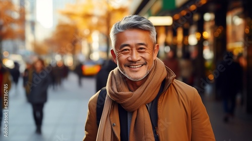 A portrait of a middle-aged Asian man standing on a street during the day and smiling in orange warm scarf and jacket