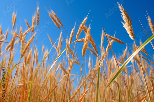 Dry wheatgrass against blue sky