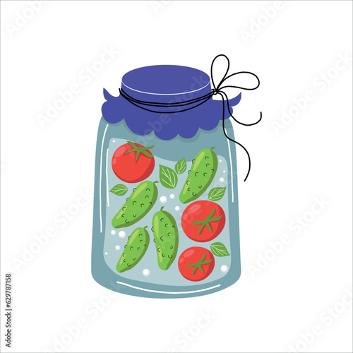 Homemade jars of preserving the vegetables. Autumn harvest season. Vector illustration