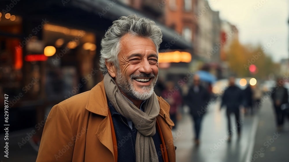 A portrait of a middle-aged grey haired man standing on a street with blurred city lights on background.