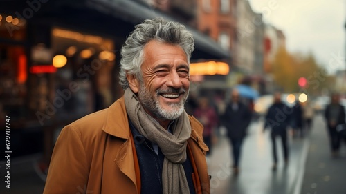 A portrait of a middle-aged grey haired man standing on a street with blurred city lights on background.