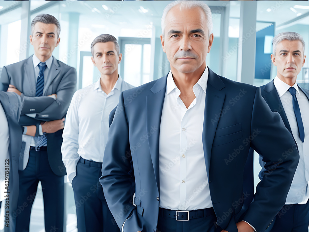 Portrait of a confident mature businessman standing in an office with his colleagues in the background Portrait of a confident mature businessman standing in an office with his colleagues in the background