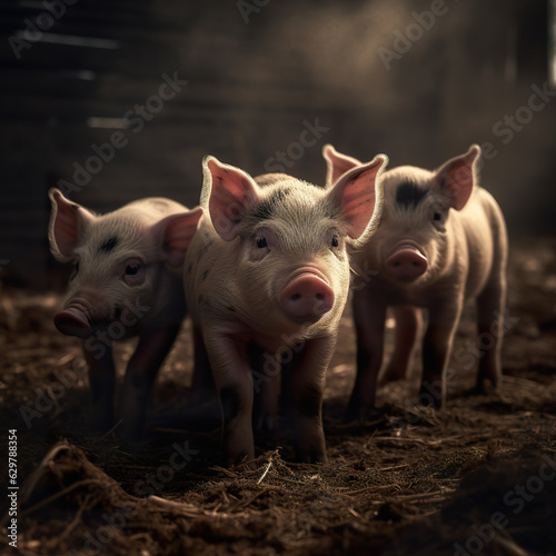 Little pigs on a farm. Lovely pigs outdoors in autumn. Cute little newborn piglets live in a barn. Realistic 3D illustration. Generative AI