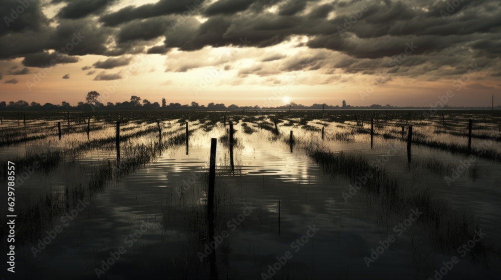 flooded farmland, illustrating the impact of heavy rainfall on agriculture generative ai flooded farmland, illustrating the impact of heavy rainfall on agriculture generative ai
