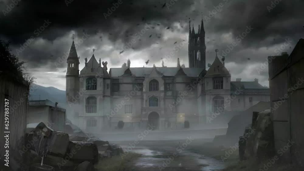 Haunted deserted townscape on Halloween night. The old foggy castle is surrounded by bats and thunderstorms, creating a spooky atmosphere. Seamless looping video animation virtual background. Haunted deserted townscape on Halloween night. The old foggy castle is surrounded by bats and thunderstorms, creating a spooky atmosphere. Seamless looping video animation virtual background.