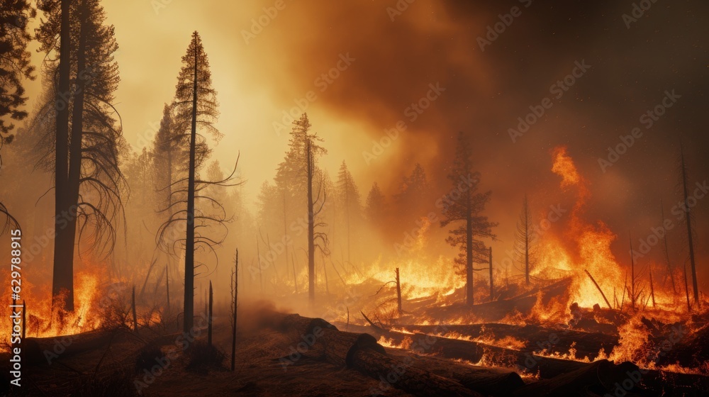 forest fire, with trees ablaze and smoke filling the air, symbolizing the destructive power of wildfires generative ai forest fire, with trees ablaze and smoke filling the air, symbolizing the destructive power of wildfires generative ai