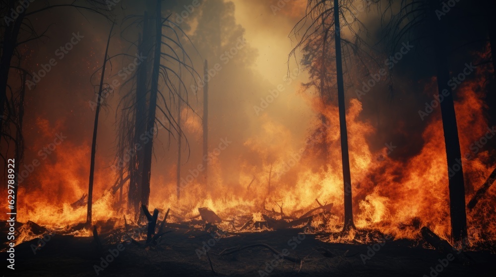 forest fire, with trees ablaze and smoke filling the air, symbolizing the destructive power of wildfires generative ai