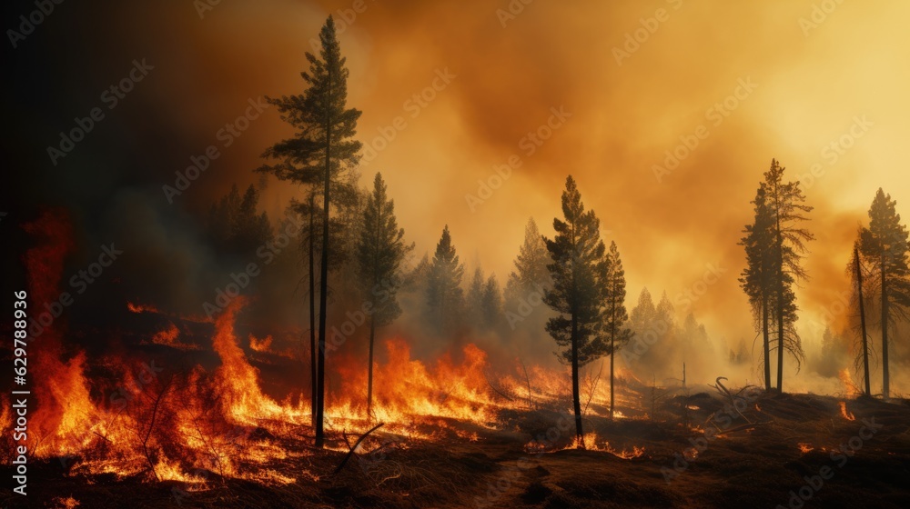forest fire, with trees ablaze and smoke filling the air, symbolizing the destructive power of wildfires generative ai forest fire, with trees ablaze and smoke filling the air, symbolizing the destructive power of wildfires generative ai