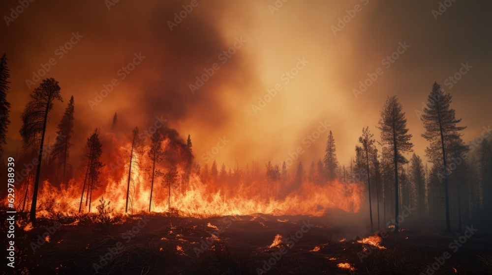 forest fire, with trees ablaze and smoke filling the air, symbolizing the destructive power of wildfires generative ai