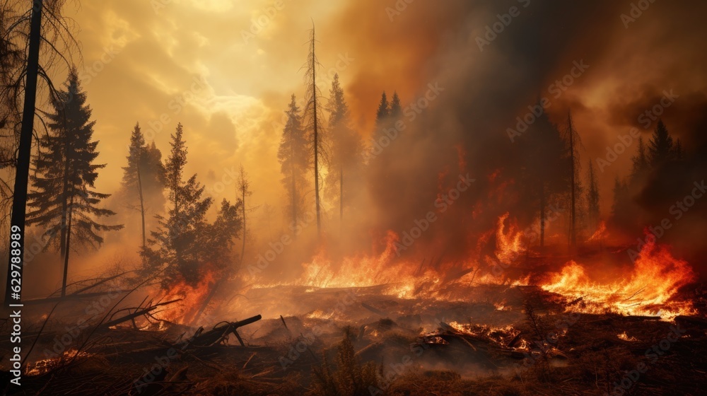 forest fire, with trees ablaze and smoke filling the air, symbolizing the destructive power of wildfires generative ai