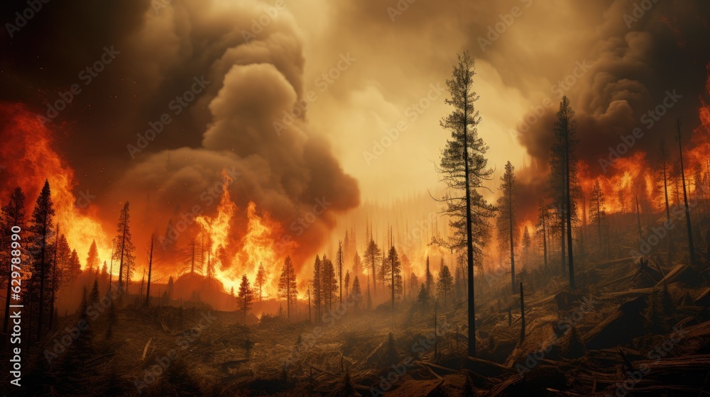 forest fire, with trees ablaze and smoke filling the air, symbolizing the destructive power of wildfires generative ai forest fire, with trees ablaze and smoke filling the air, symbolizing the destructive power of wildfires generative ai