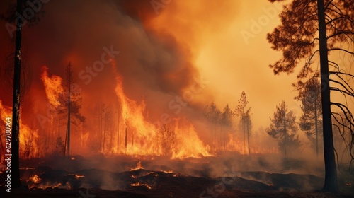 forest fire, with trees ablaze and smoke filling the air, symbolizing the destructive power of wildfires generative ai