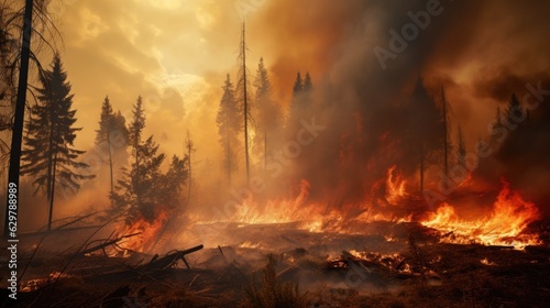 forest fire, with trees ablaze and smoke filling the air, symbolizing the destructive power of wildfires generative ai