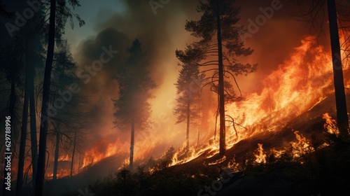 forest fire, with trees ablaze and smoke filling the air, symbolizing the destructive power of wildfires generative ai